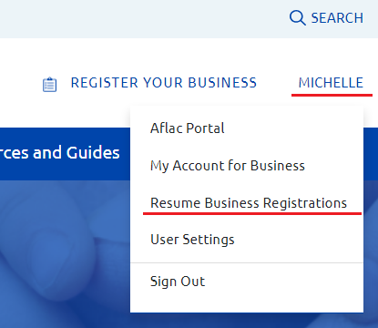 Screenshot of the Resume Business Registrations link located in the profile drop down menu