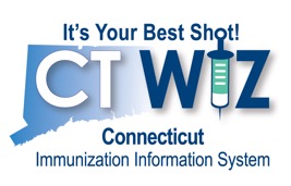 Blue and White CT WIZ logo the I in Wiz is a syringe